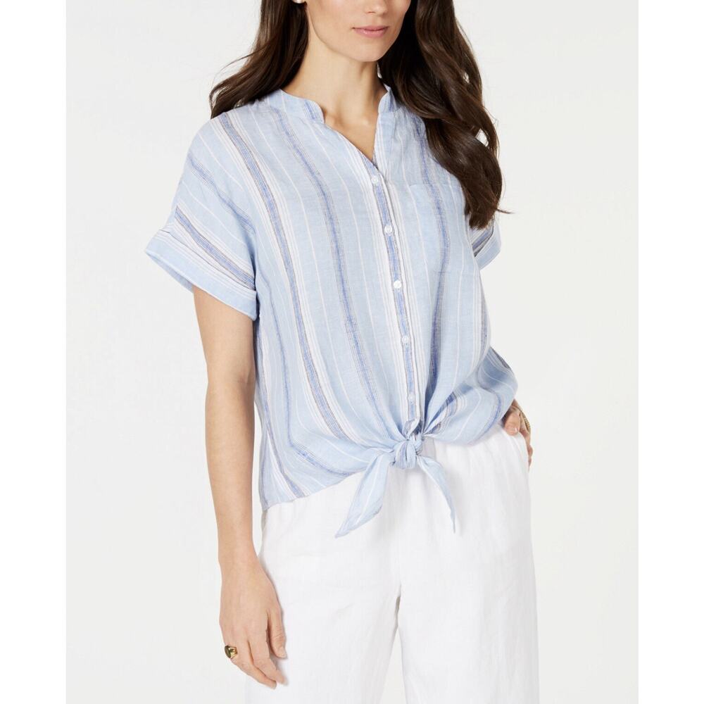 Charter Club Women's Petite Linen Striped Tie Top Light Blue Combo Size PXL